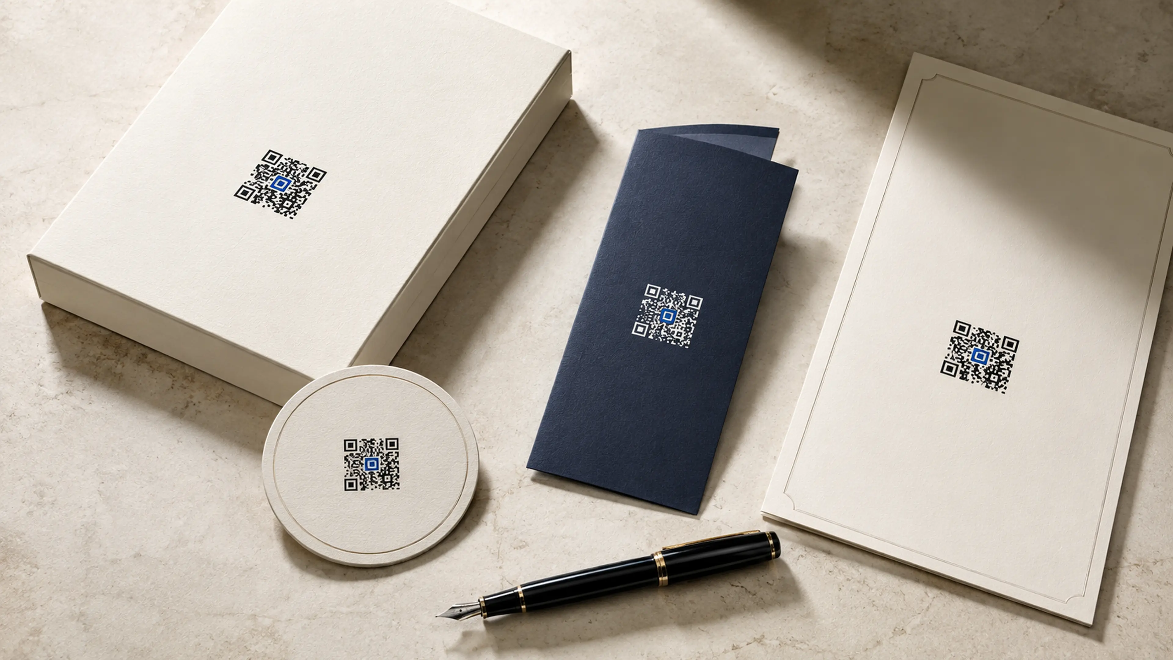 Branded stationery — a folder, a coaster and a card, each carrying a QR code